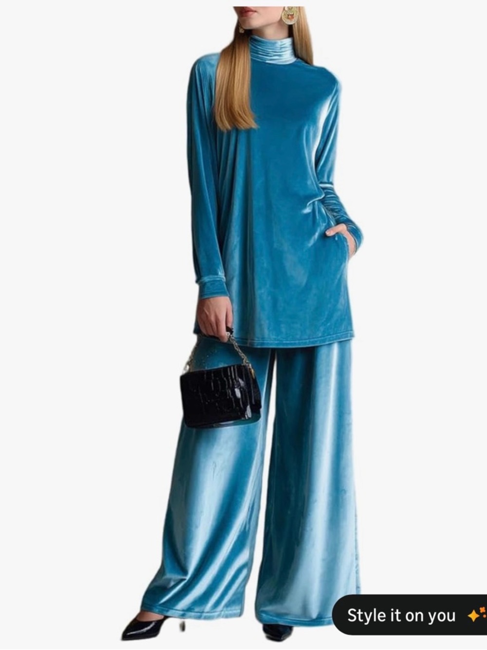 Women's Teal Velvet Wide-Leg Pants Set - Casual Luxe